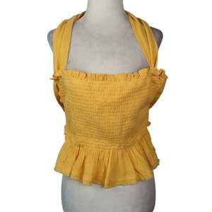 Free People Amani Yellow Smocked Halter Peplum Crop Tank Top S
